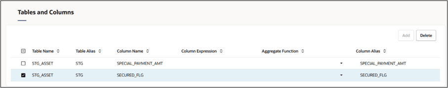 Tables and Columns section Tables and Columns section