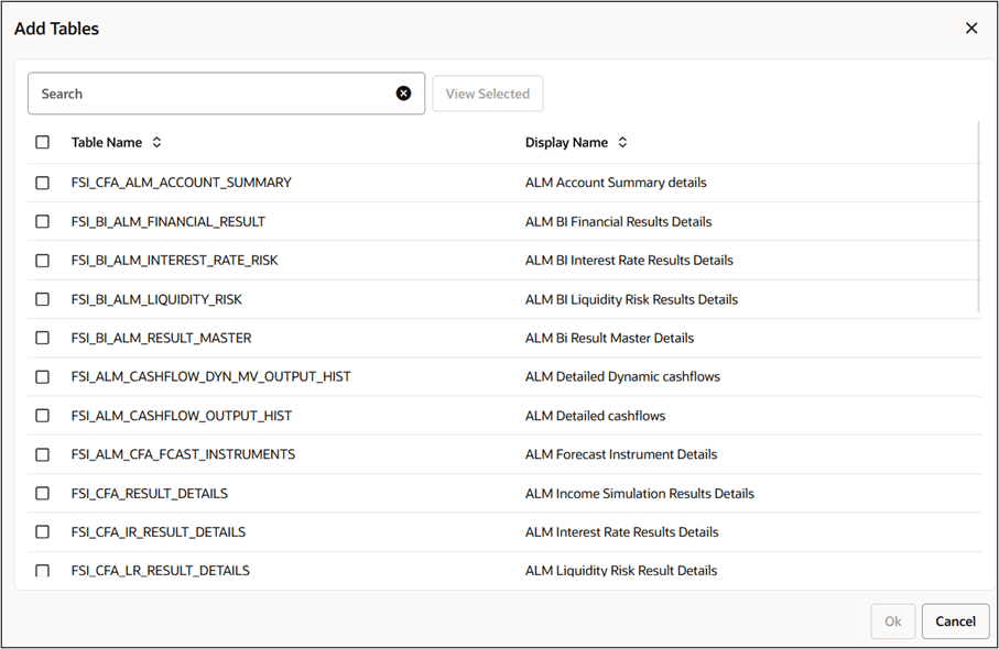 Add Tables window Add Tables window