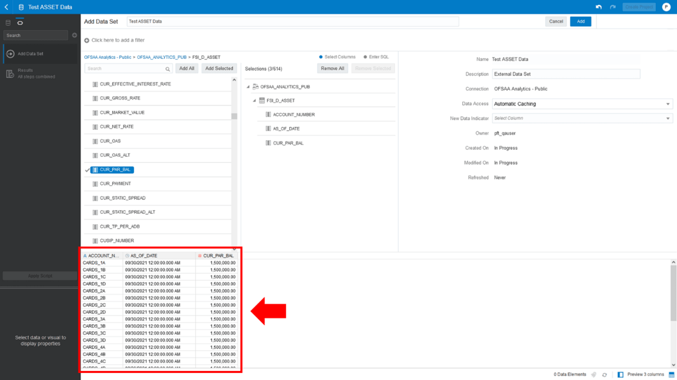 The Data Results displays the retrieved Data Results for the selected Database Object and Column. The Data Results displays the retrieved Data Results for the selected Database Object and Column.
