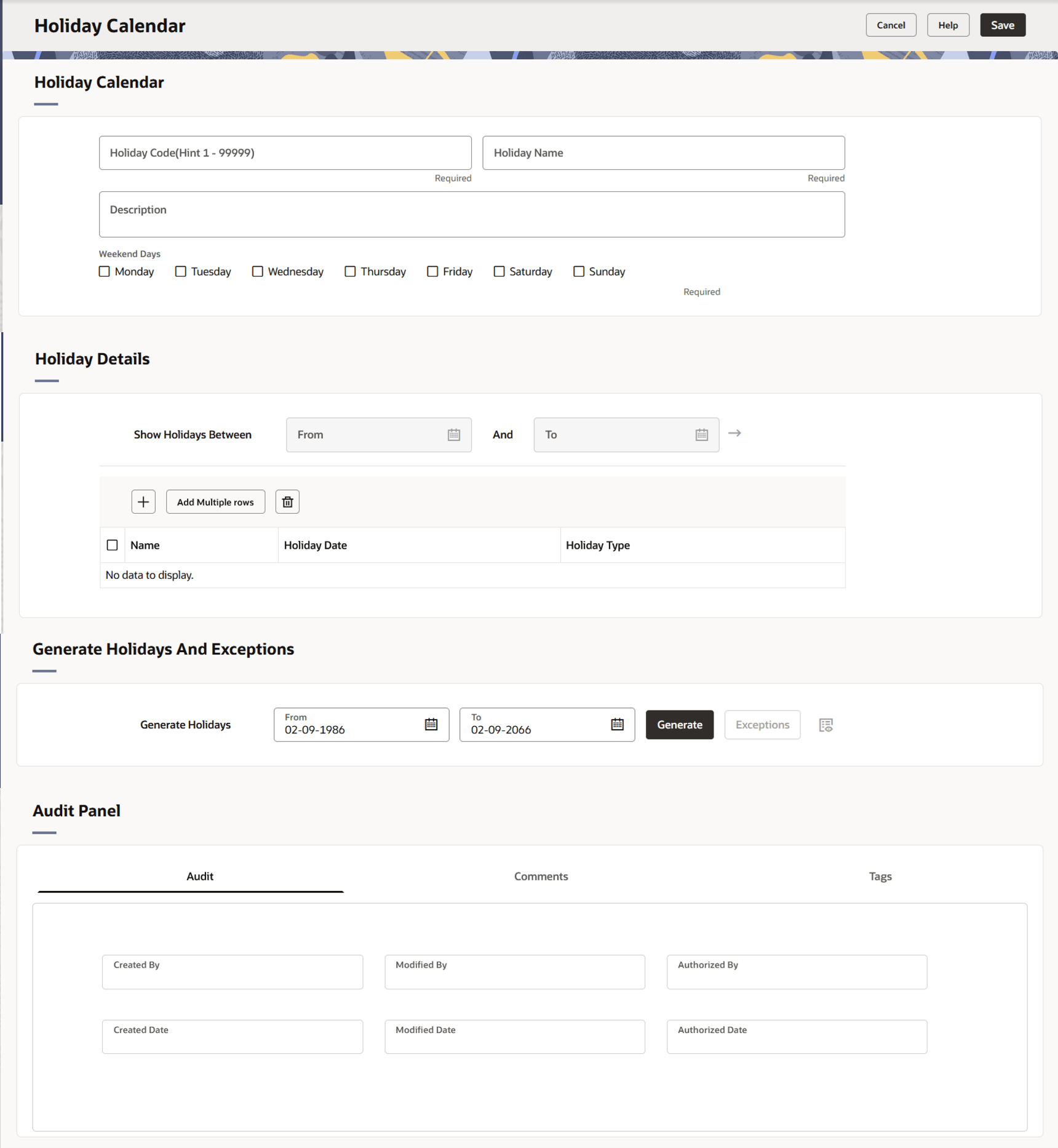 Holiday Calendar Details Page