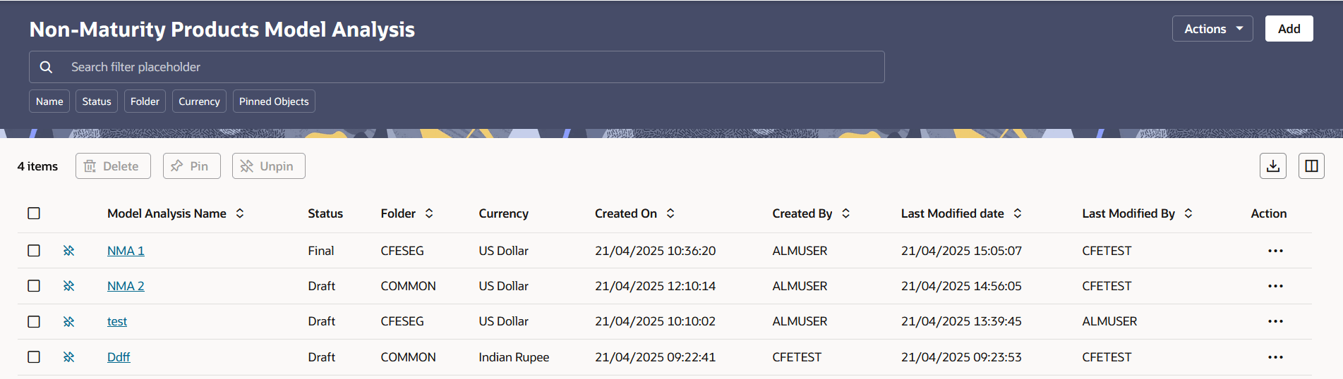 Non-Maturity Products Model Analysis Summary Page