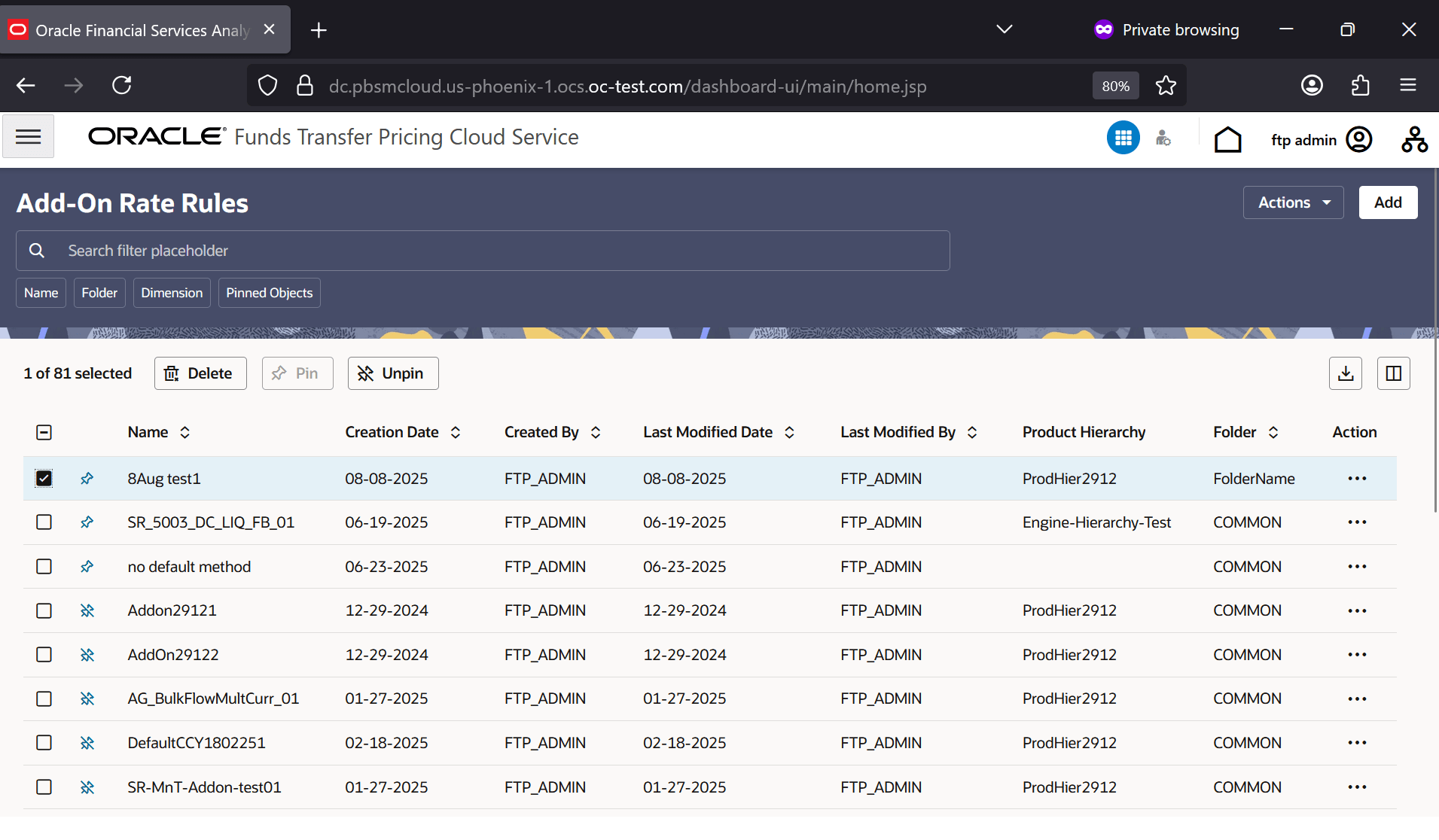 Add-On Rates summary page