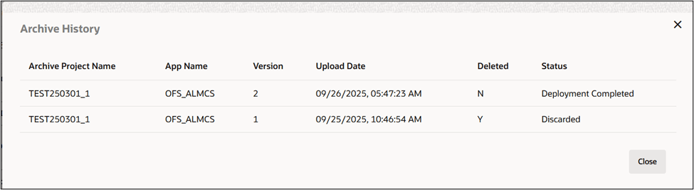 Archive History window Archive History window