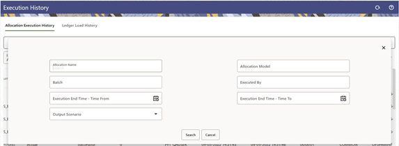 The Allocation Execution History Criteria window displays the fields for Allocation Rule Name, Allocation Model Name, Batch, Executed By, Execution End Time, or Ouput Scenario parameters. You can enter any one or more search parameters to see the rules that meet the Search Criteria. The Allocation Execution History Criteria window displays the fields for Allocation Rule Name, Allocation Model Name, Batch, Executed By, Execution End Time, or Ouput Scenario parameters. You can enter any one or more search parameters to see the rules that meet the Search Criteria.