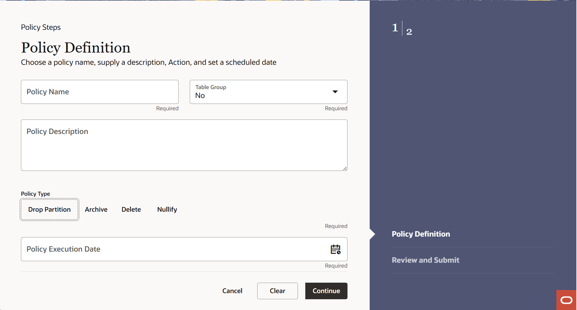 Policy Definition section Policy Definition section