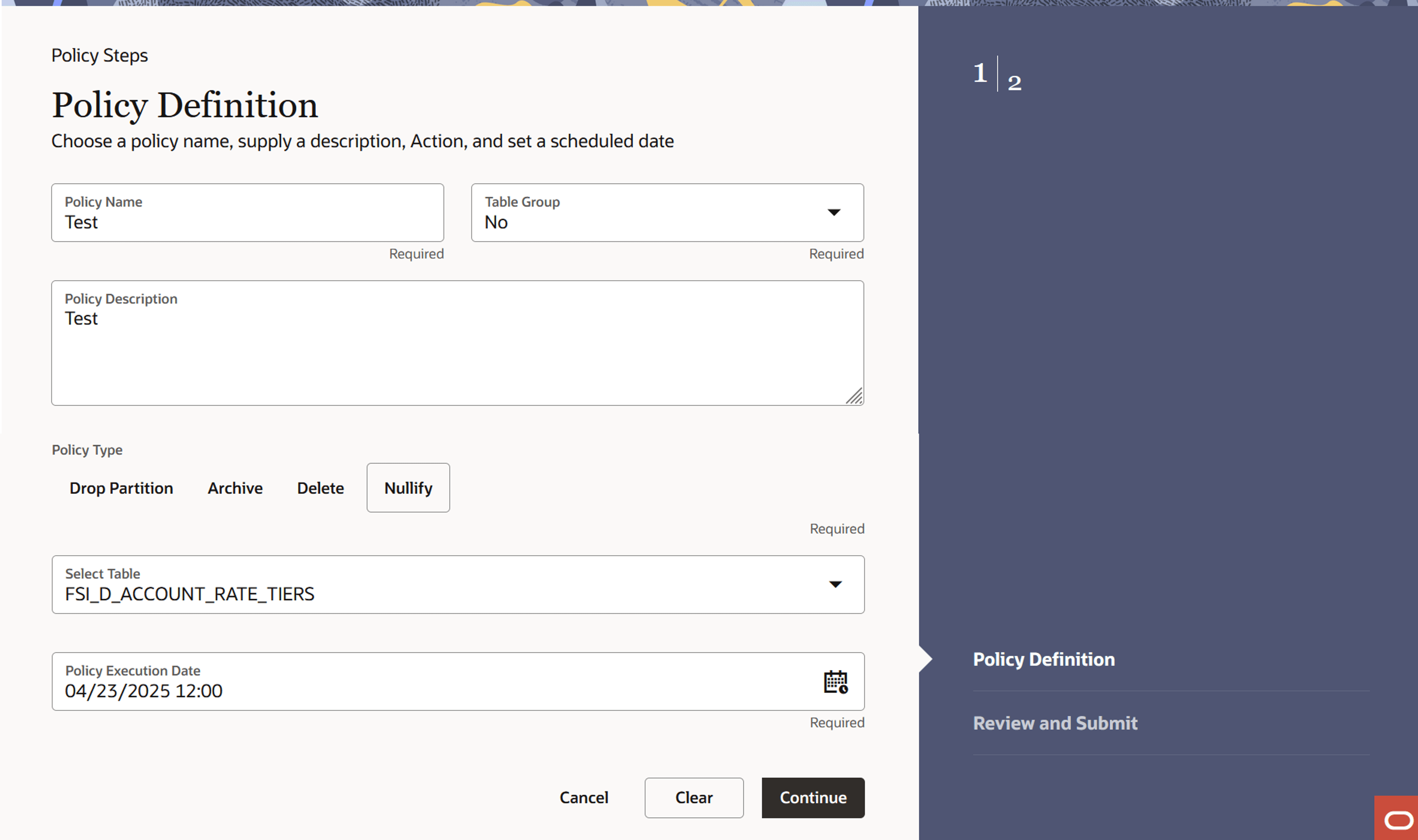 Policy Definition section