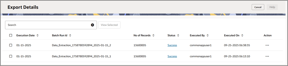 Export Details window