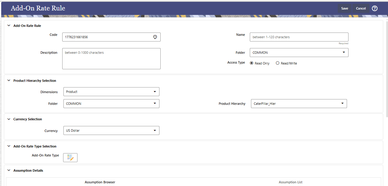 Add-On Rate Rule - Definition Mode