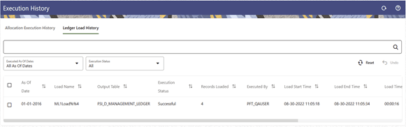 The Ledger Load History Table will display the load names sorted in descending order based on the As of Date and the Load End Time. The Ledger Load History Table will display the load names sorted in descending order based on the As of Date and the Load End Time.