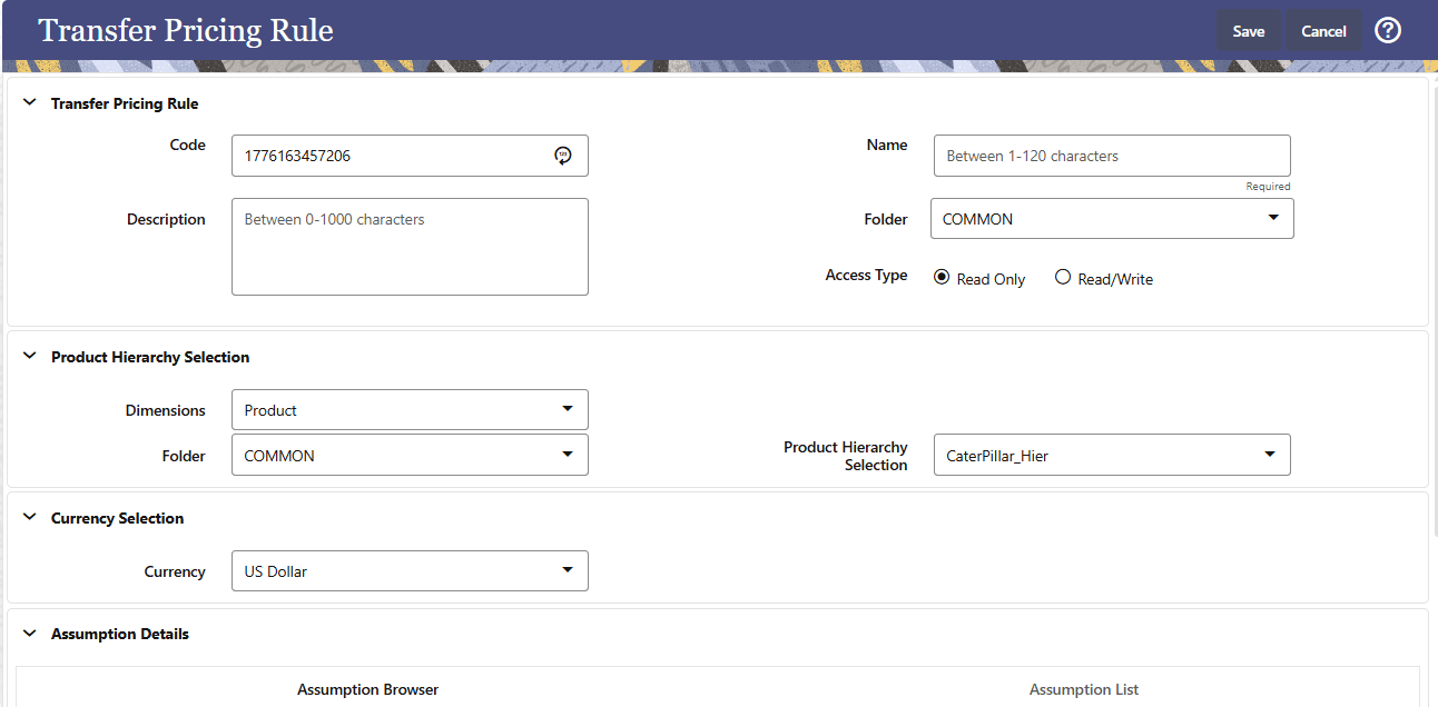 Transfer Pricing Rule definition screen Transfer Pricing Rule definition screen