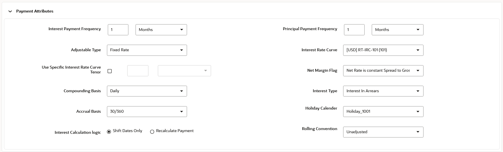 Payment Attribute Section
