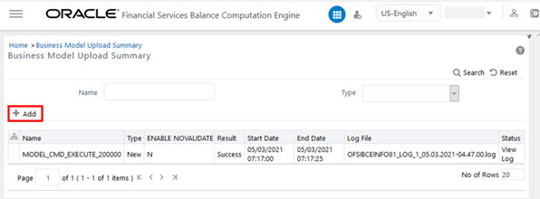 Business Model Upload Summary with Add option