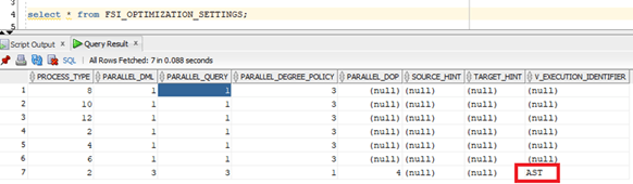 V_EXECUTION_IDENTIFIER column value in the FSI_OPTIMIZATION_SETTINGS table
