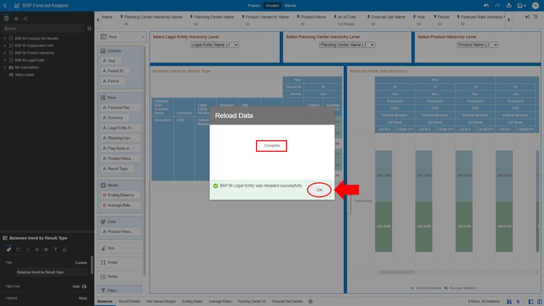 This pop-up windows displays a confirmation after relload data is complete.