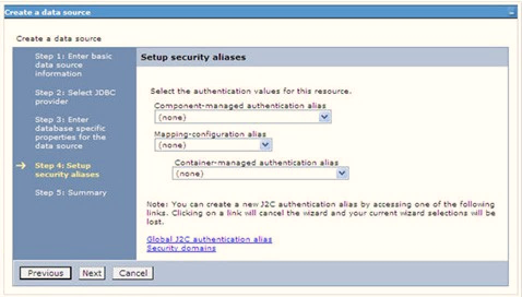 Map the J2C authentication alias, if already created. If not, you can create a new J2C authentication alias by accessing the link given (Global J2C authentication alias) or you can continue with the data source creation by clicking Next and then Finish.