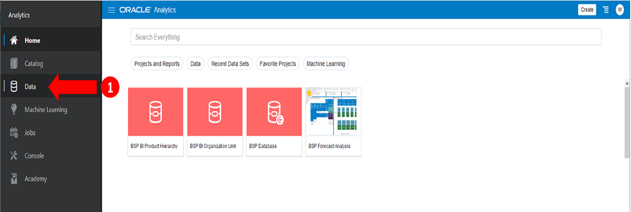 This is the Homepage of Oracle Analytics and displays the left side navigation options.