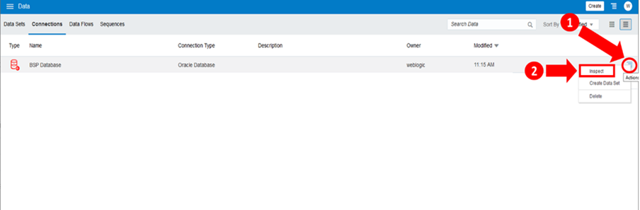 This screen displays the right side hamburger icon where you can select the Inspect option for the selected connection.