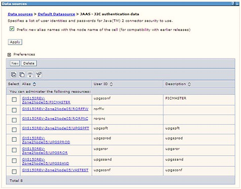 Select the newly created Data Source and click JAAS J2C authentication data link under Related Items. Click New under the Preferences section.