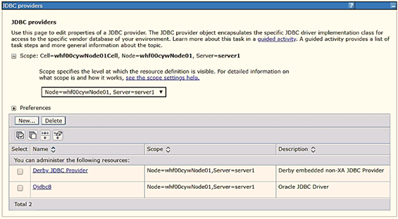 Log in with the user ID that has admin rights. Expand the Resources option in the LHS menu and click JDBC > JDBC Providers to display the JDBC Providers window.