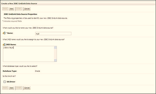 Enter the Data Source Name and JNDI Name. Ensure that the "JNDI Name" field is specified in the format "jdbc/infodomname" and the XA Driver check box is not selected. Click Next.