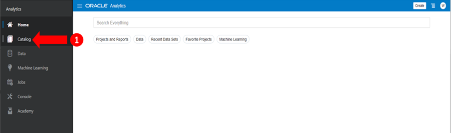 This screen displays the left hand side menu items of the Oracle Analytics screen.