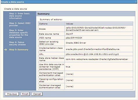 This illustration displays the Summary window. You can also create and map J2C authentication alias after creating the data source. You must create another Data source by following the same procedure with jdbc/FICMASTER as JNDI name pointing to the "configuration schema" of Infrastructure.