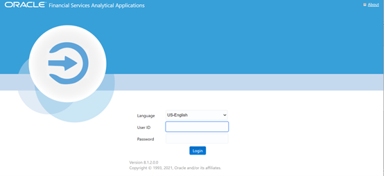 This illustration shows the login page for the OFSAA application. You can select the required Language, enter valid User ID and Password, and then click Login.