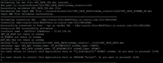 This illustration shows selection of the Atomic Schema and Infodom to install the subsequent Applications Pack.