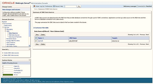 From the LHS menu (Domain Structure), click Services > Data Sources to display the Summary of JDBC Data Sources window. Click New and select Generic Data Source to display the Create a New JDBC Data Source window.