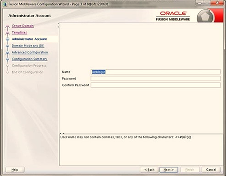 Enter the user name to be assigned to the administrator, the password, and confirm the password. Click Next to the Domain Mode and JDK window.