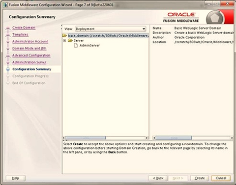 Verify the configuration details of the WebLogic domain and click Create to display the Configuration Progress window with the status indication of the domain creation process.