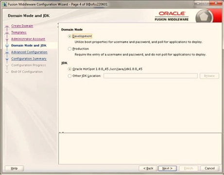 In the Domain Mode section, select the required mode (Development or Production). In the JDK section, select the required option. If you select Other JDK Location, click Browse, navigate to the JDK location, and select. Click Next to display the Advanced Configuration window.