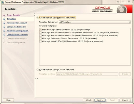 This illustration displays the Template window. Select the Create Domain Using Product Templates option and click Next to display the Administrator Account window.