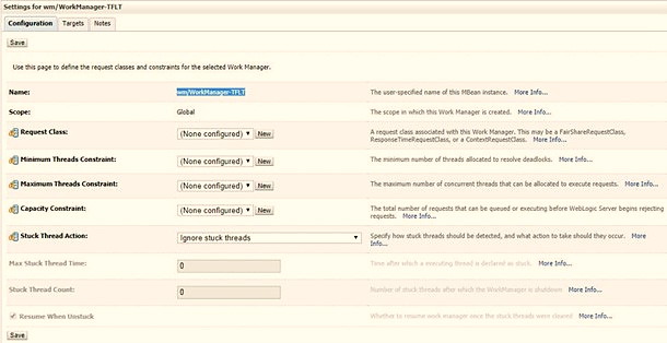 This illustration displays the WorkManager Screen 1. Enter the Name, Type, Target, Scope, and Stuck Thread Action.