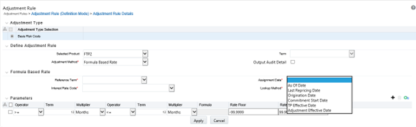 This screen allows you to define Adjustment Rule Details - Formula Based Rate.
