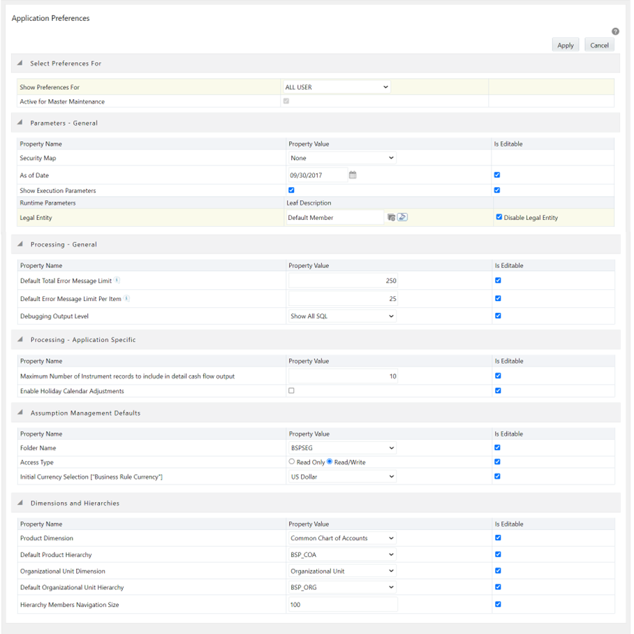 The Application Preference screen allows you to define the preferences that are used by the Balance Sheet Planning application. This is a one-step process and defined the first time when you are going to use the application. The Application Preference screen allows you to define the preferences that are used by the Balance Sheet Planning application. This is a one-step process and defined the first time when you are going to use the application.