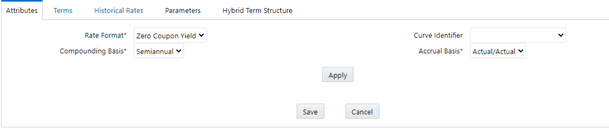 The Attribute Tab on the Interest Rate Code screen allows you to define the Rate format, compounding basis, curve identifier, and accrual basis for the new interest rate code that is being defined. The Attribute Tab on the Interest Rate Code screen allows you to define the Rate format, compounding basis, curve identifier, and accrual basis for the new interest rate code that is being defined.