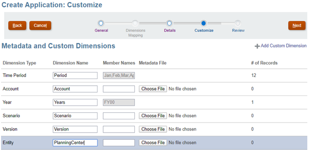 This screen allows you to customize the details while creating the new application.
