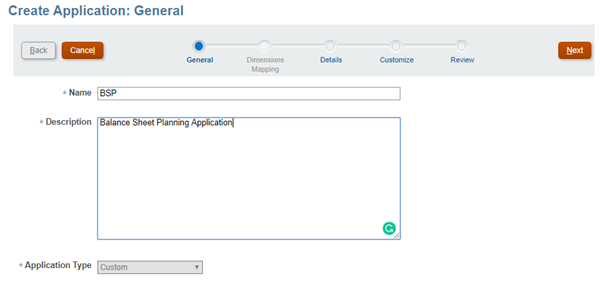 This screen allows you to define the general details for creating a new application.