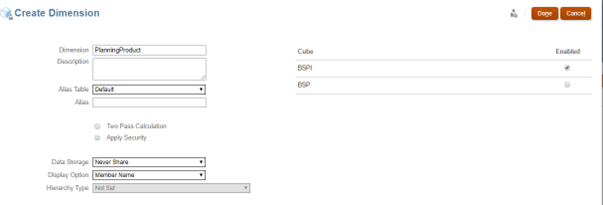 This screen allows you to create the Dimensions for the new application.
