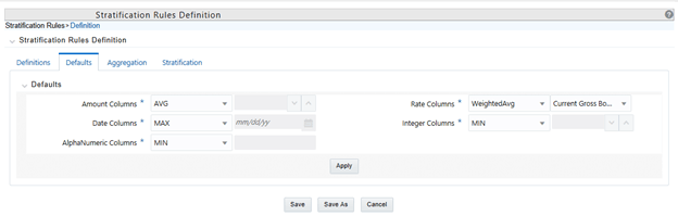 Stratification Rules Definition – Defaults tab