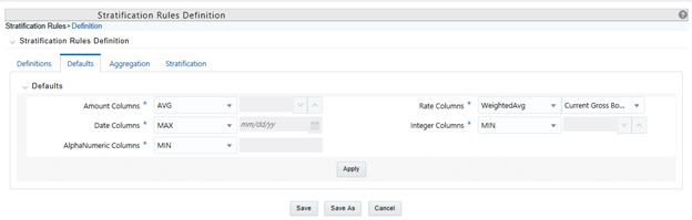 Stratification Rules Definition – Defaults tab