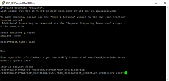 This illustration is a sample screen for exporting the Dimensions using Putty session. This illustration is a sample screen for exporting the Dimensions using Putty session.