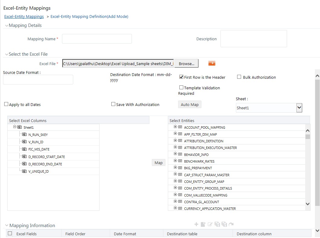 Excel-Entity Mappings Window