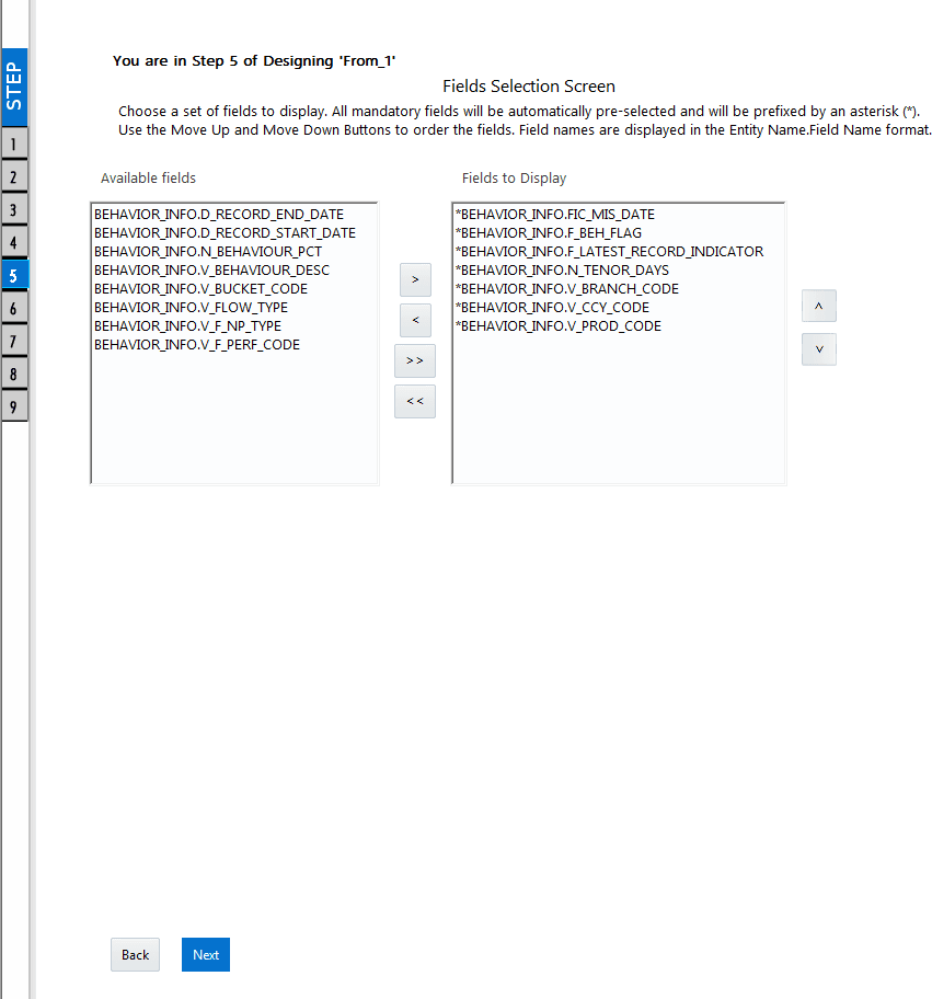 DEFQ – Fields Selection Window (Step 5 of Designing Form)