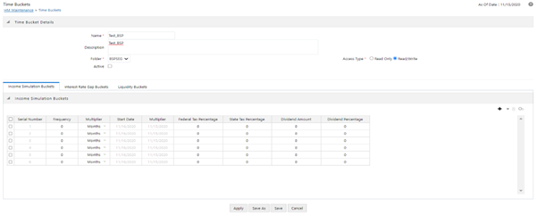 The Income Simulation Tab of the Time Bucket Definition screen allows you to define the Time Buckets with Start and End Dates.