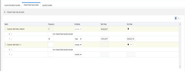 The Interest Rate Gap Buckets tab allows you to degine the Dynamic Start Date Details like Frequency, Multiplier, Start Date, and End Date for the Time Bucket.