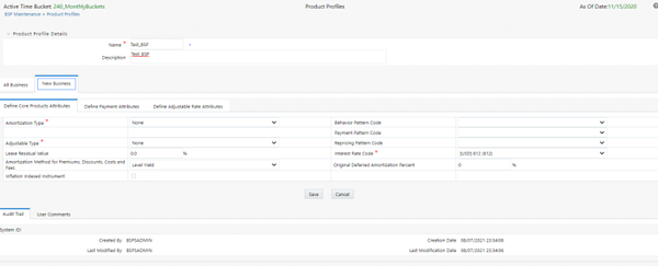 This screen allows you to define the parameters for the New Business.