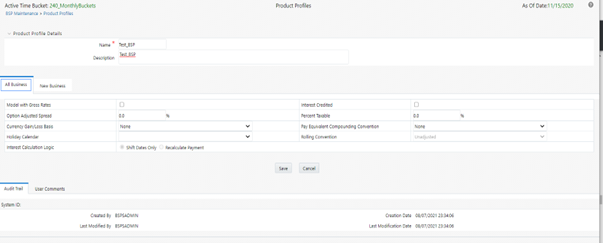 This screen allows you to define various parameters for the Product Profiles.