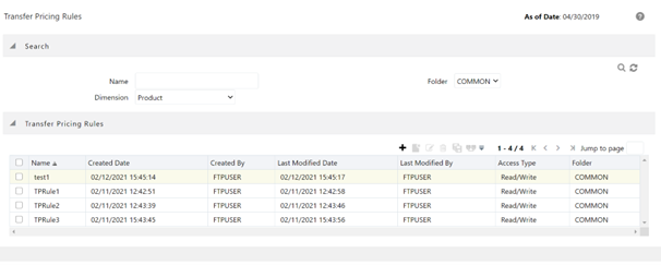 This screen displays the Transfer Pricing Rules that are already created.